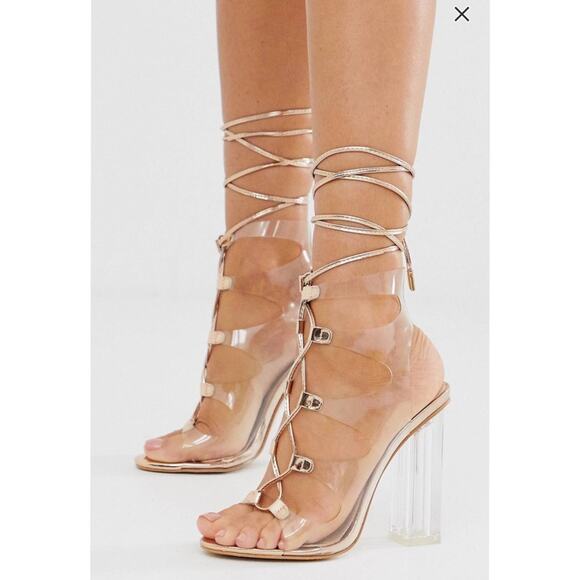Public Desire Mango Lucite clear lace block heel strappy sexy sandals size 10 - Picture 1 of 14